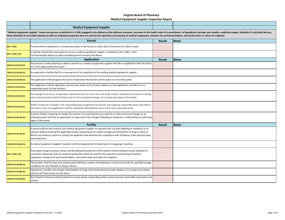 Virginia Medical Equipment Supplier Inspection Form - Fill Out, Sign ...