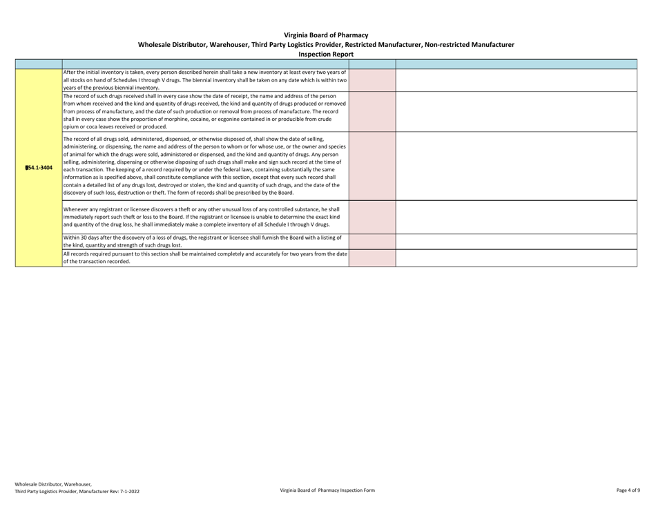 Wholesale Distributor, Warehouser, Third Party Logistics Provider, Restricted and Non-restricted Manufacturer Inspection Report - Virginia, Page 4