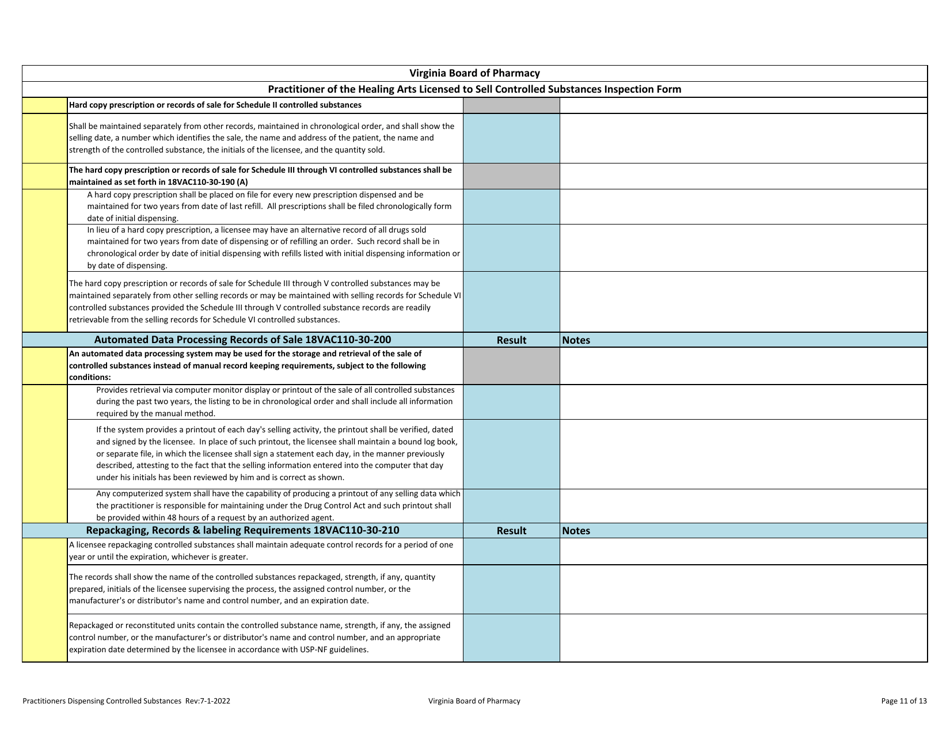 Practitioner of the Healing Arts Licensed to Sell Controlled Substances Inspection Form - Virginia, Page 11