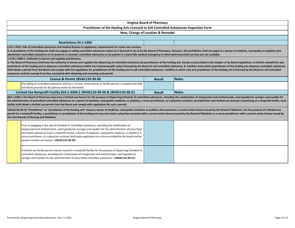 Practitioner of the Healing Arts Licensed to Sell Controlled Substances Inspection Form - Virginia, Page 2