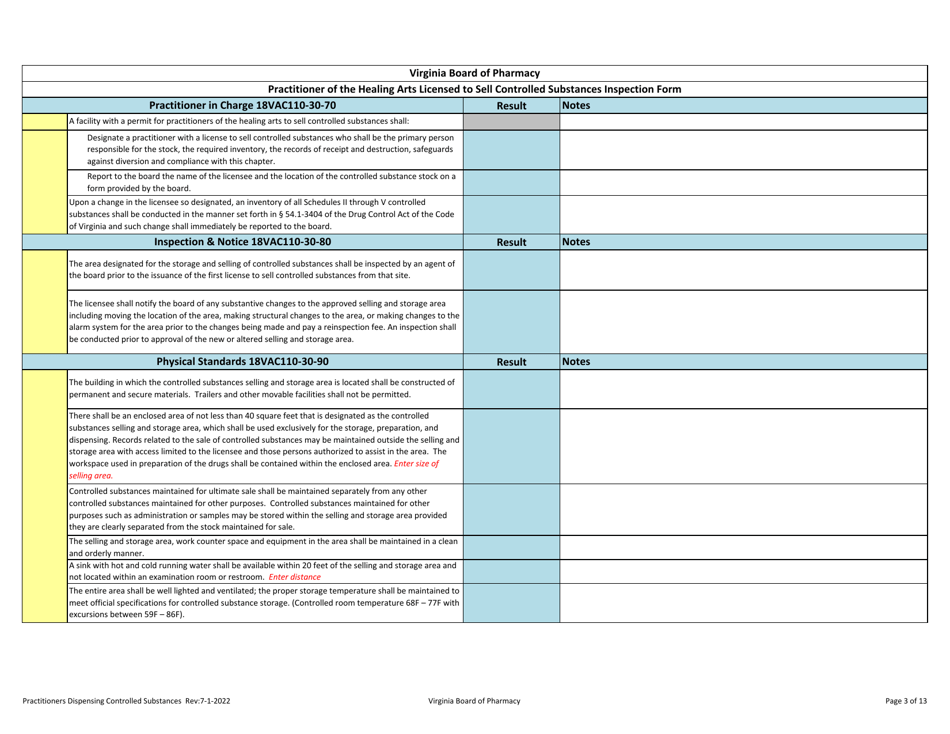 Practitioner of the Healing Arts Licensed to Sell Controlled Substances Inspection Form - Virginia, Page 3