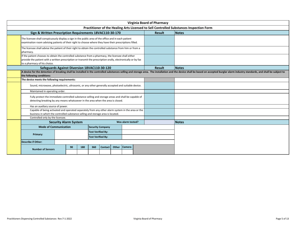 Practitioner of the Healing Arts Licensed to Sell Controlled Substances Inspection Form - Virginia, Page 5