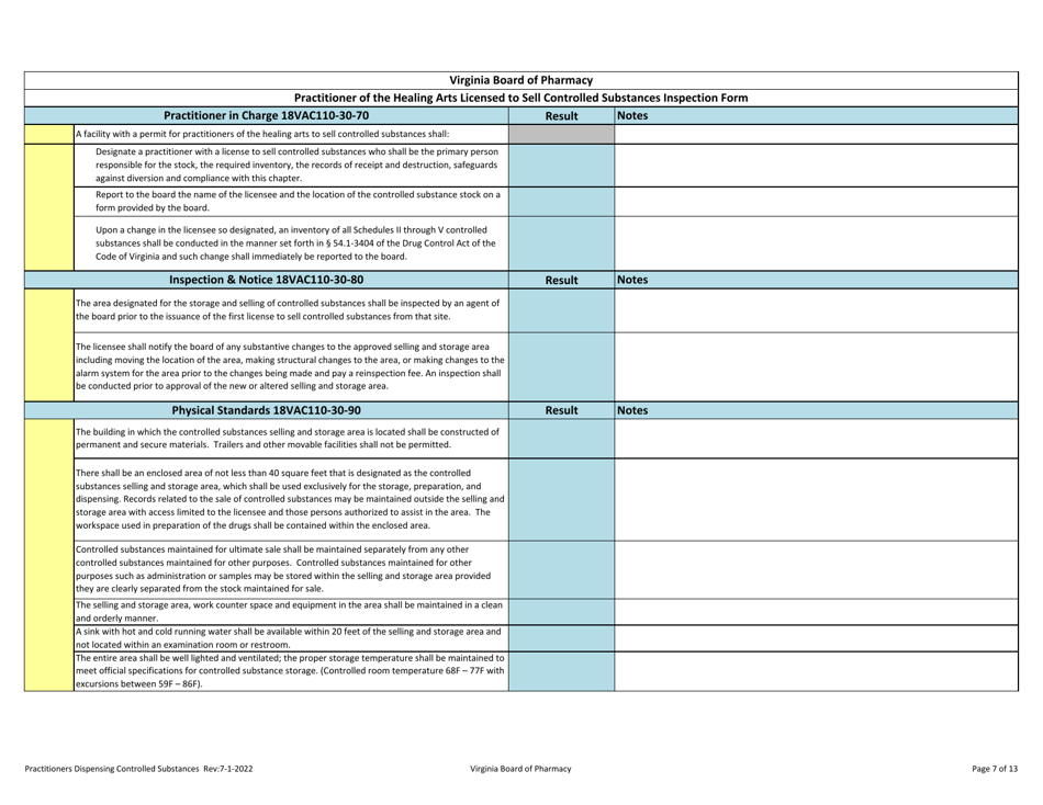 Practitioner of the Healing Arts Licensed to Sell Controlled Substances Inspection Form - Virginia, Page 7