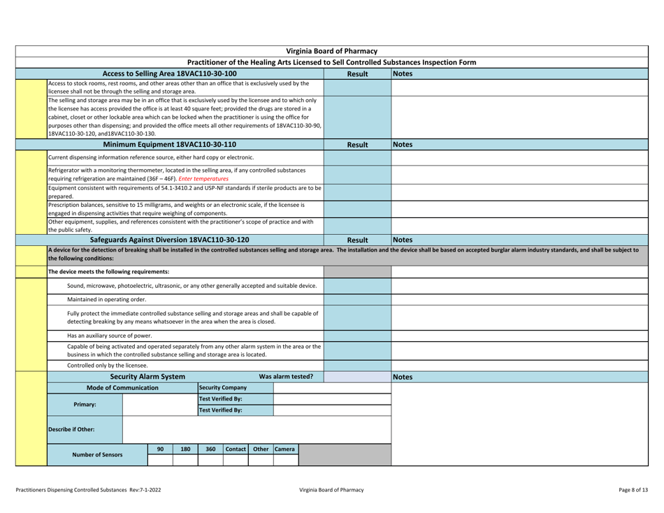 Practitioner of the Healing Arts Licensed to Sell Controlled Substances Inspection Form - Virginia, Page 8