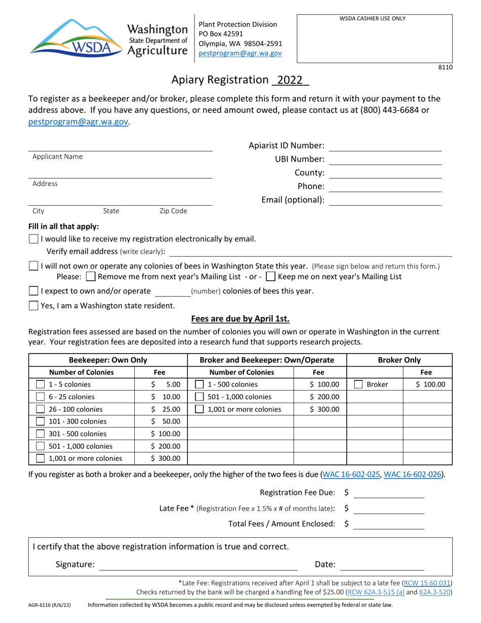 Form AGR-6116 Apiary Registration - Washington, Page 1