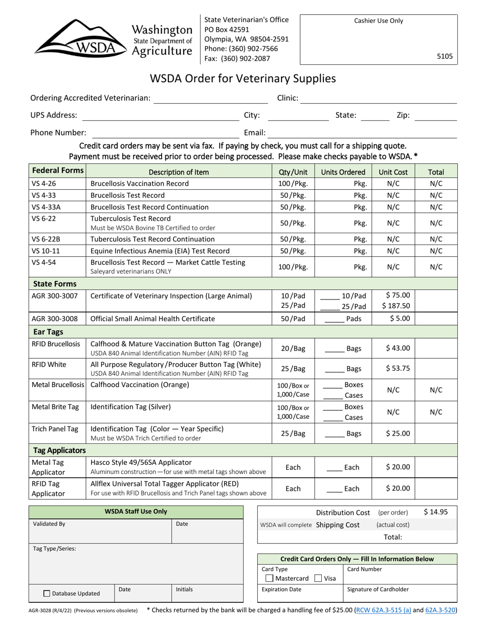 Form AGR-3028 Wsda Order for Veterinary Supplies - Washington, Page 1