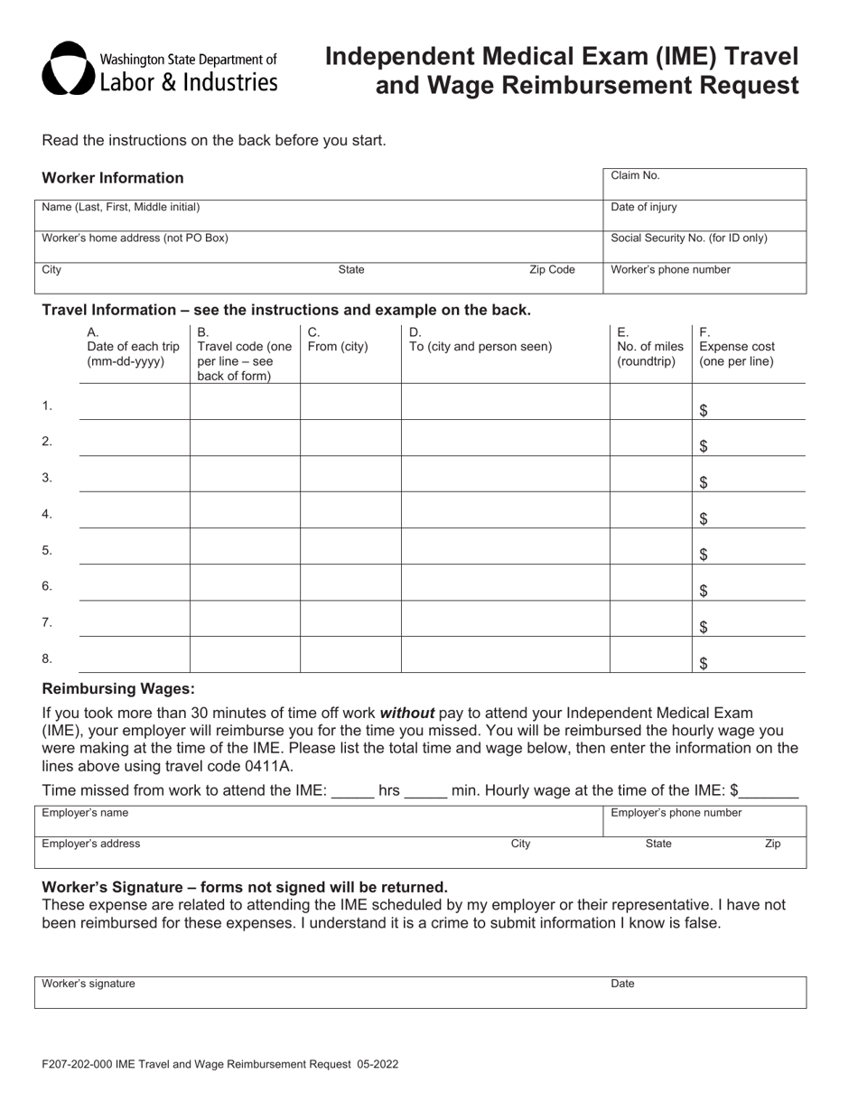 Form F207-202-000 Independent Medical Exam (Ime) Travel and Wage Reimbursement Request - Washington, Page 3