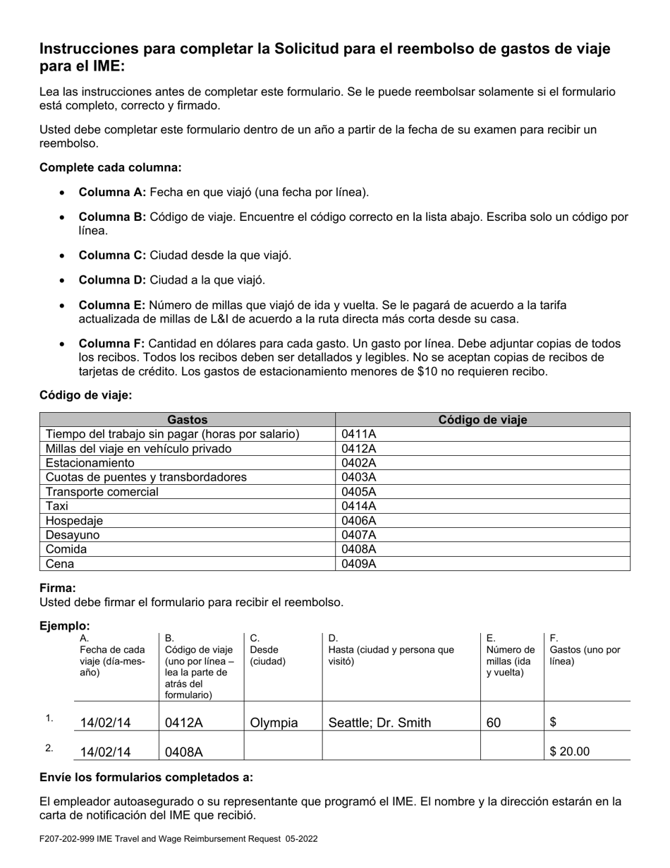 Formulario F207-202-999 Examen Medico Independiente (Ime) Solicitud Para Reembolso De Gastos De Viaje Y Salario - Washington (Spanish), Page 4