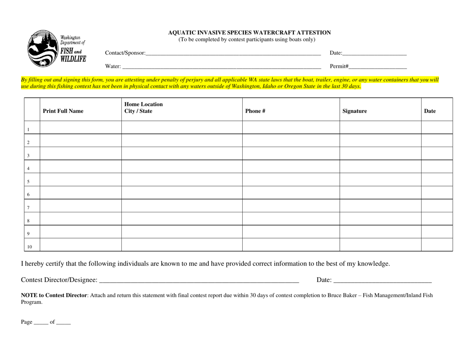 Aquatic Invasive Species Watercraft Attestion - Washington, Page 1