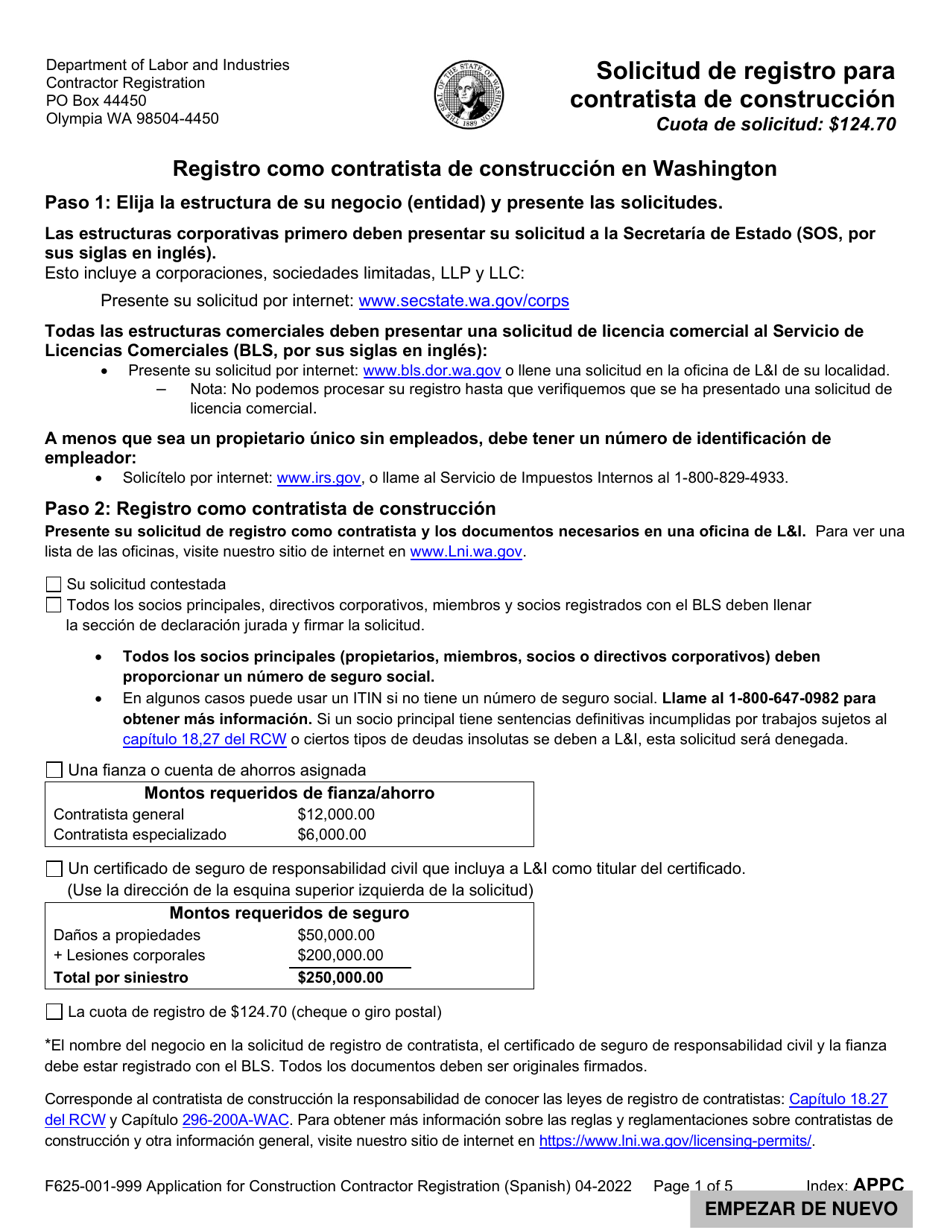 Formulario F625-001-999 Solicitud De Registro Para Contratista De Construccion - Washington (Spanish), Page 1