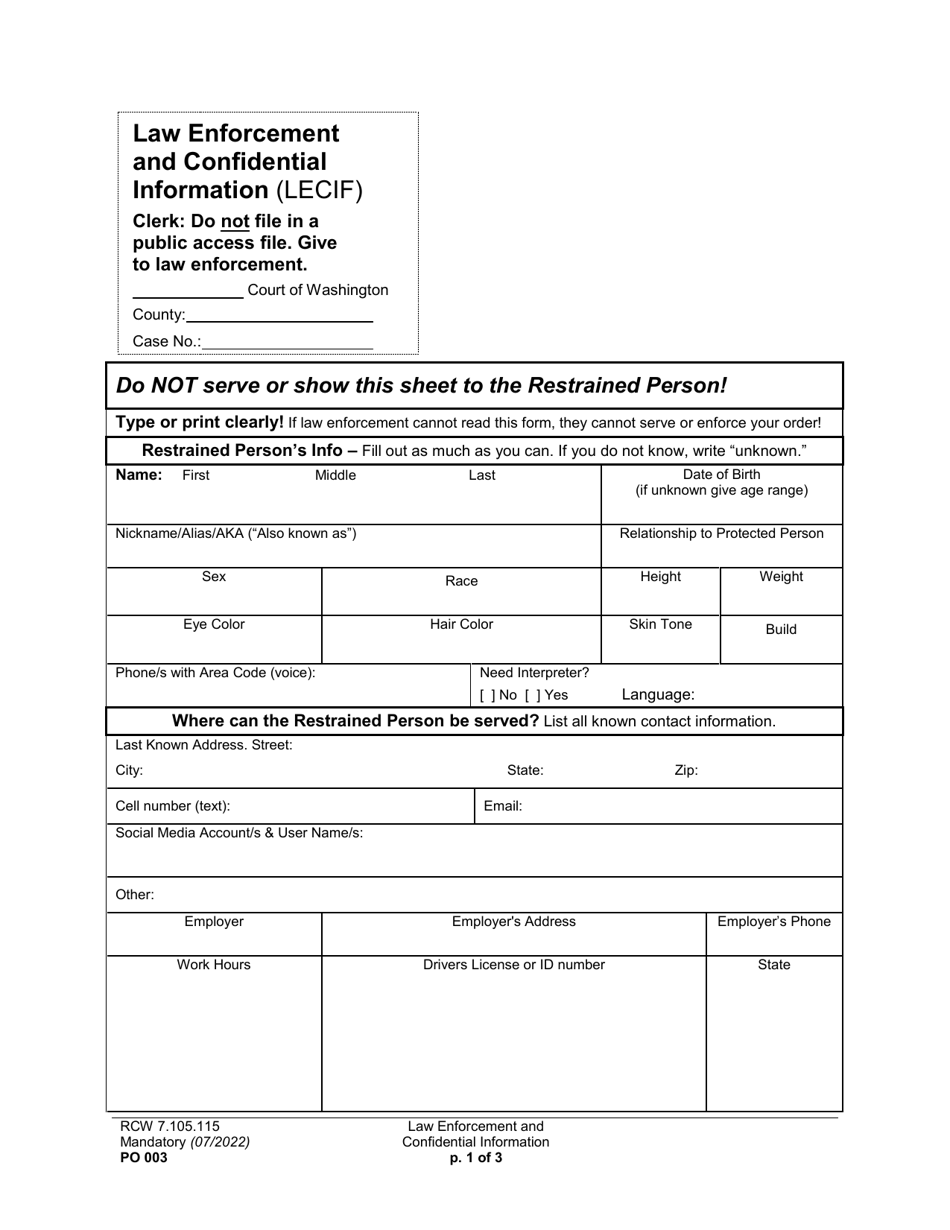 Form PO003 Law Enforcement and Confidential Information - Washington, Page 1