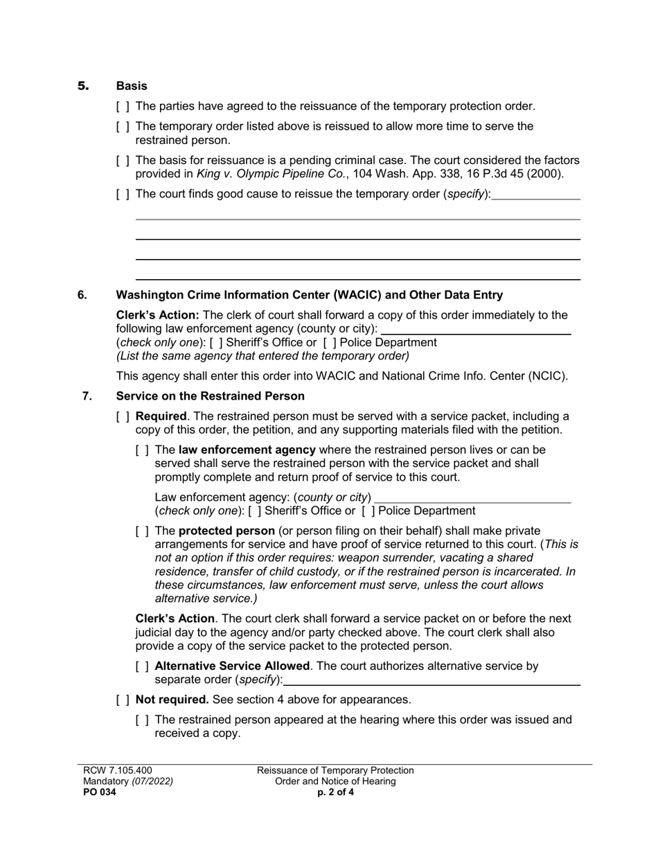 Form PO034 Reissuance of Temporary Protection Order and Notice of Hearing - Washington, Page 2