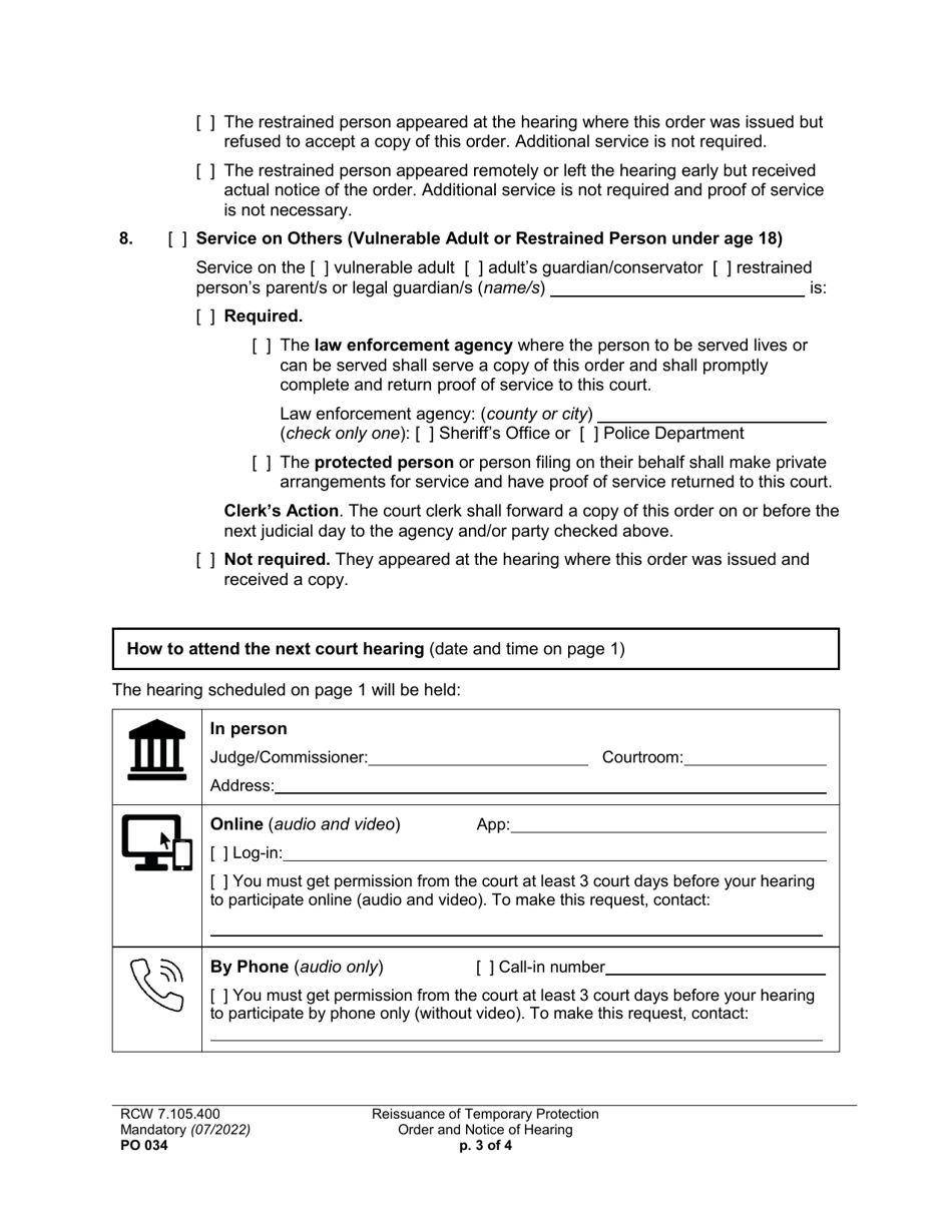 Form PO034 Reissuance of Temporary Protection Order and Notice of Hearing - Washington, Page 3