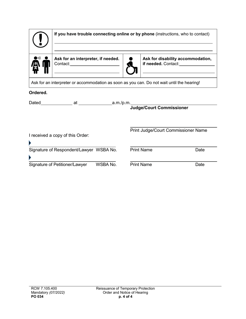 Form PO034 Reissuance of Temporary Protection Order and Notice of Hearing - Washington, Page 4