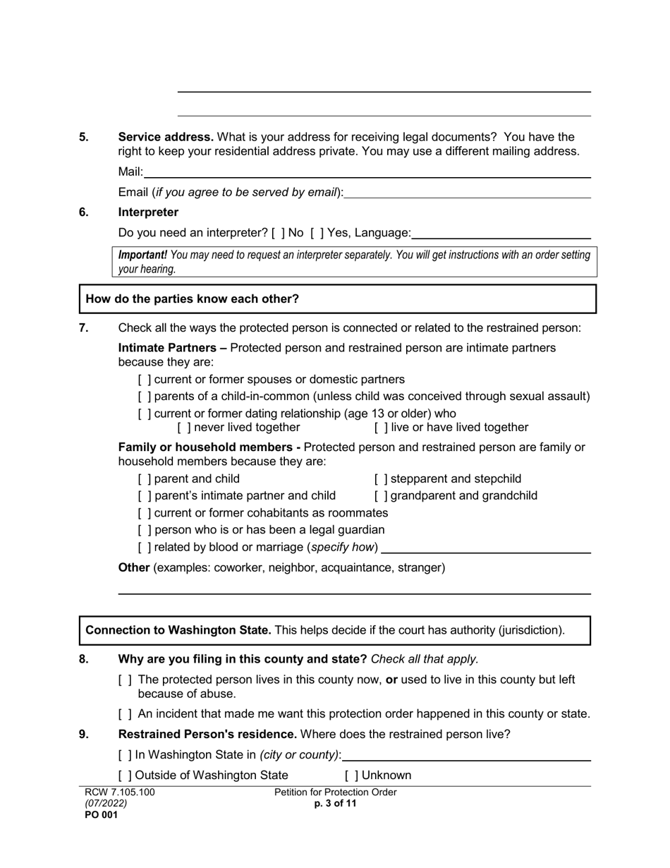 Form PO001 Petition for Protection Order - Washington, Page 3