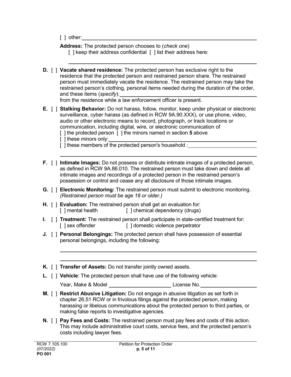 Form PO001 Petition for Protection Order - Washington, Page 5