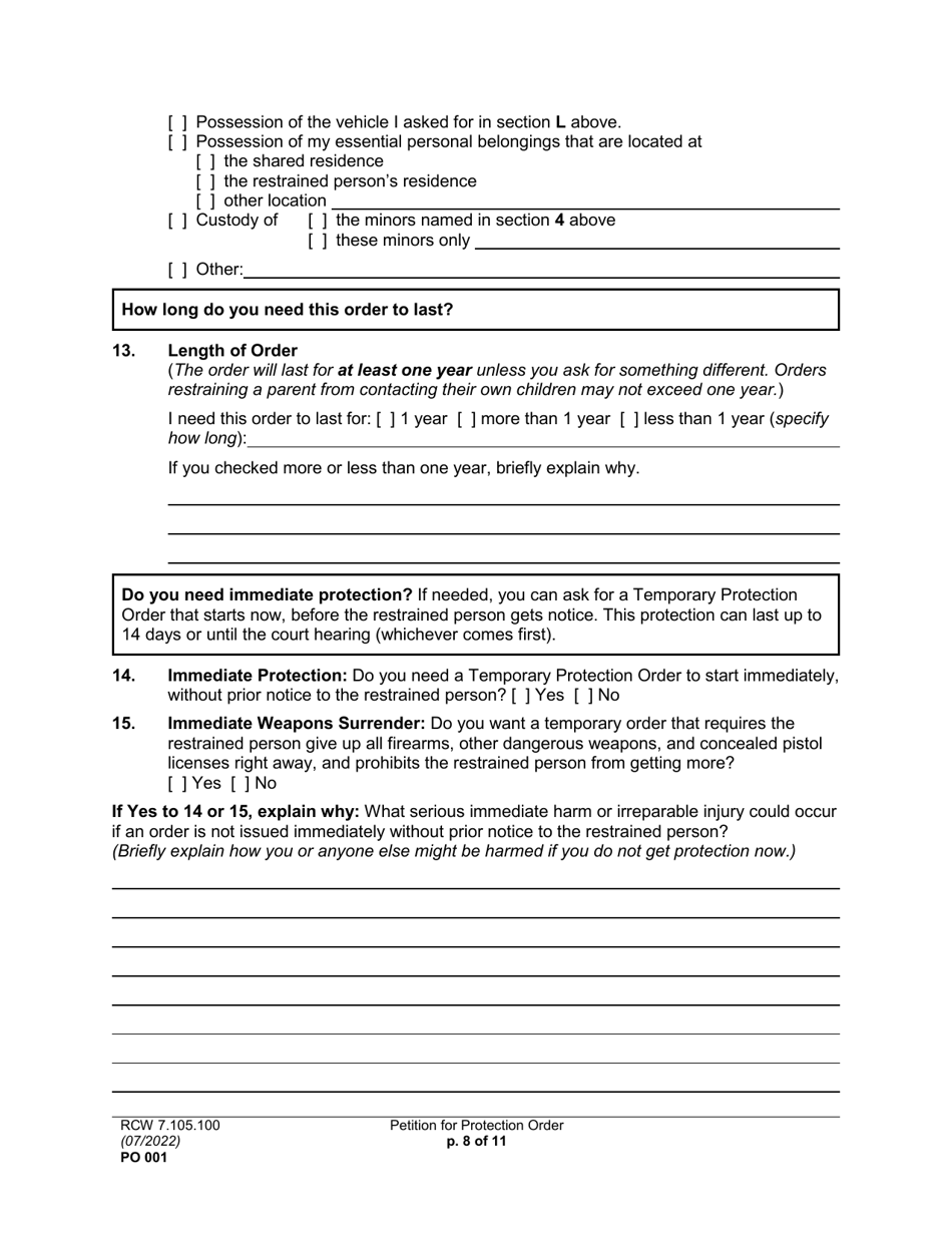 Form PO001 Petition for Protection Order - Washington, Page 8