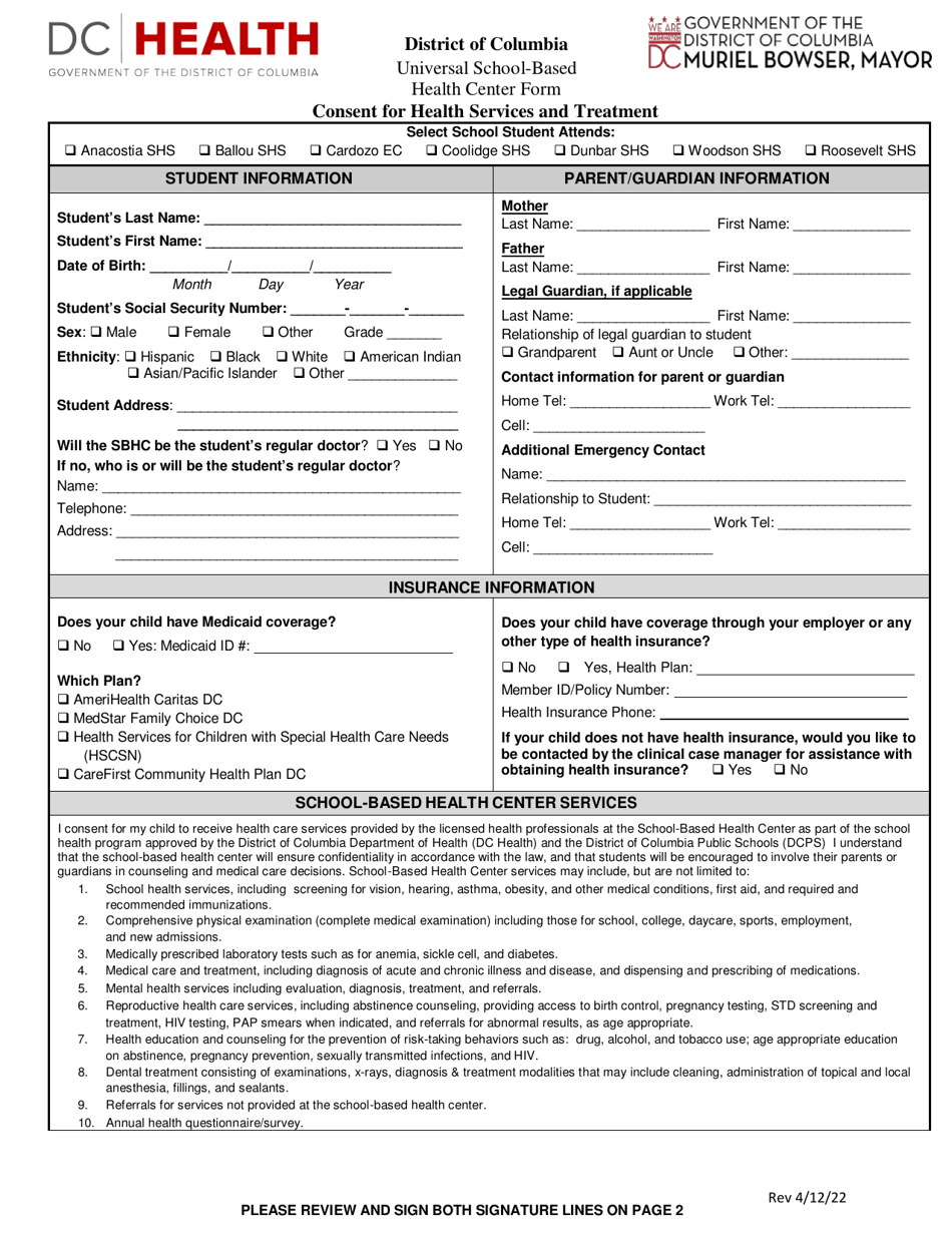 School-Based Health Center Universal Consent for Health Services and Treatment - Washington, D.C., Page 1