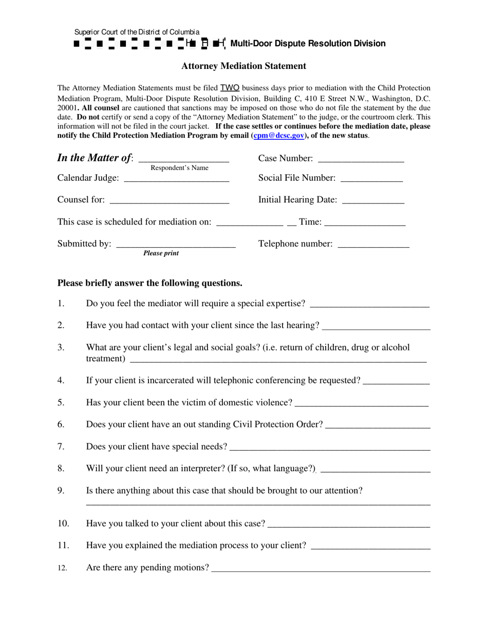 Washington D C Attorney Mediation Statement Fill Out Sign Online Washington D C Attorney Mediation Statement Fill Out Sign Online