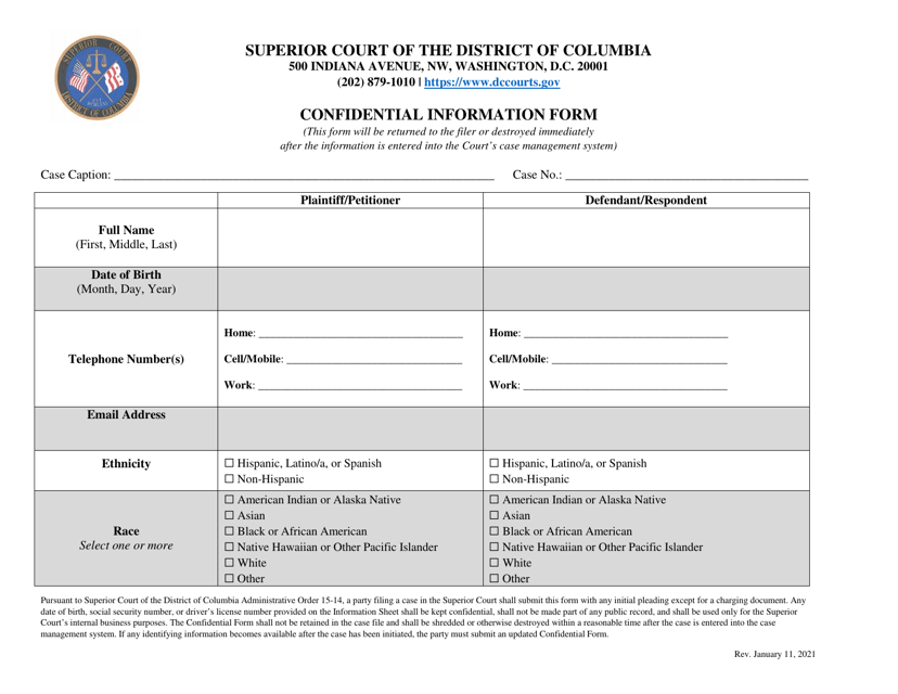 Confidential Information Form - Washington, D.C. Download Pdf