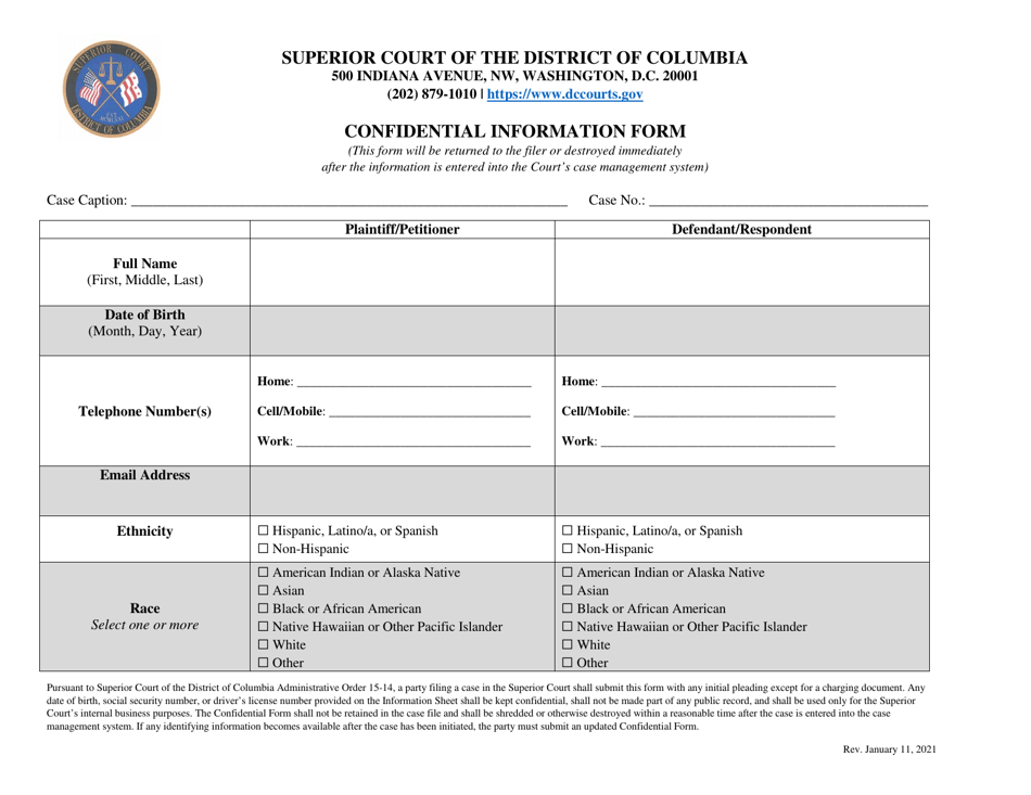 Confidential Information Form - Washington, D.C., Page 1