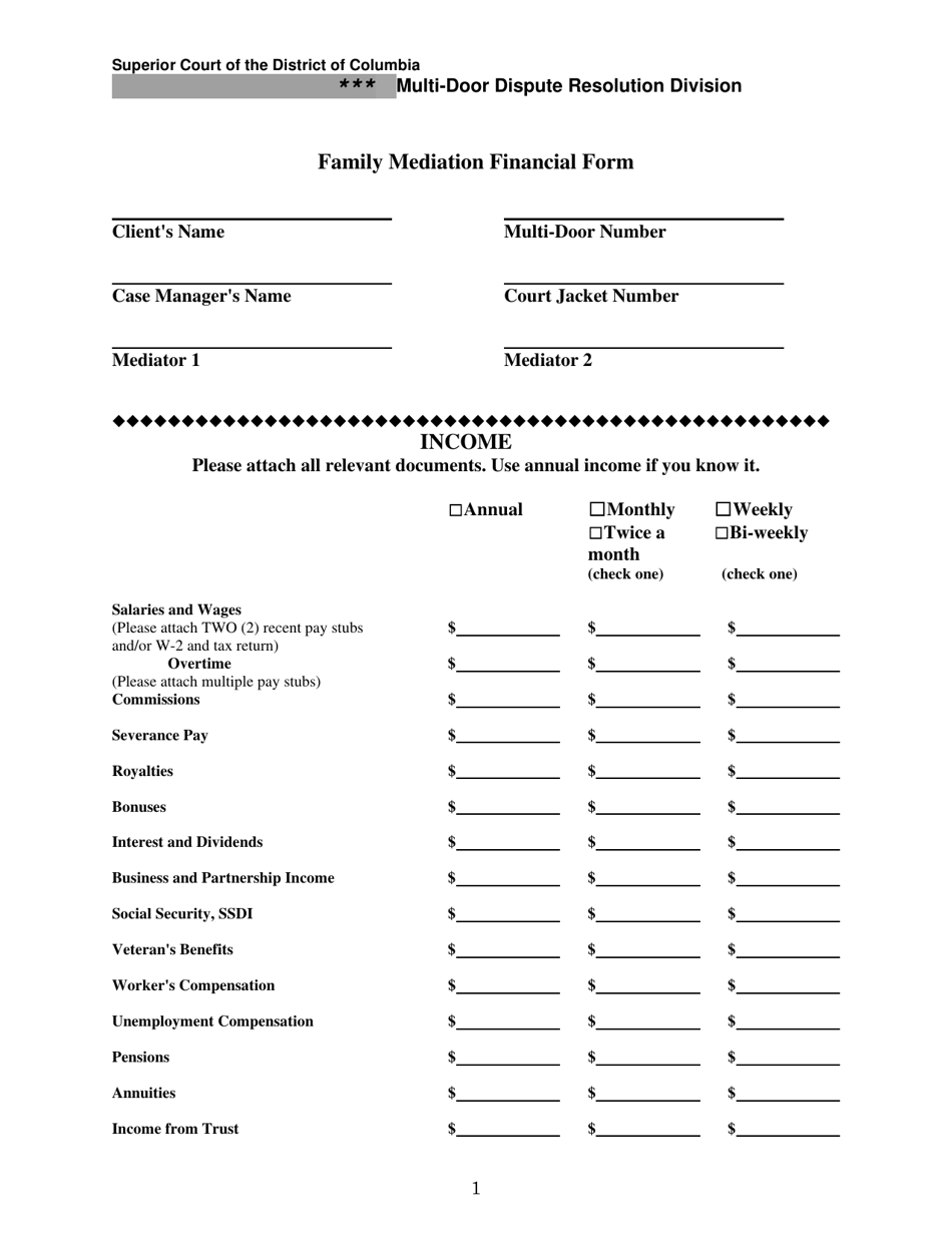 Family Mediation Financial Form: Income - Washington, D.C., Page 1