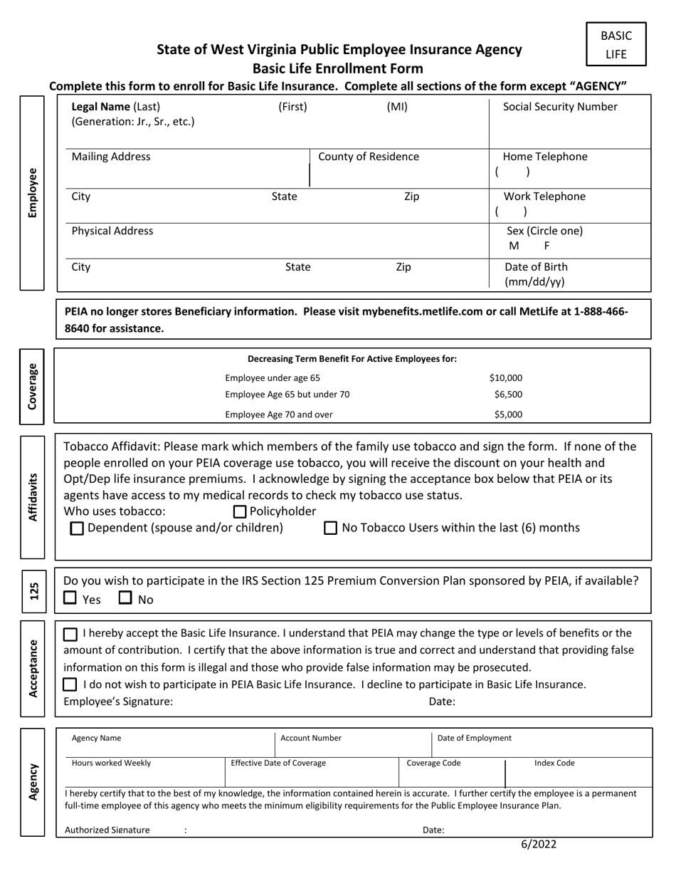 Basic Life Enrollment Form - West Virginia, Page 1