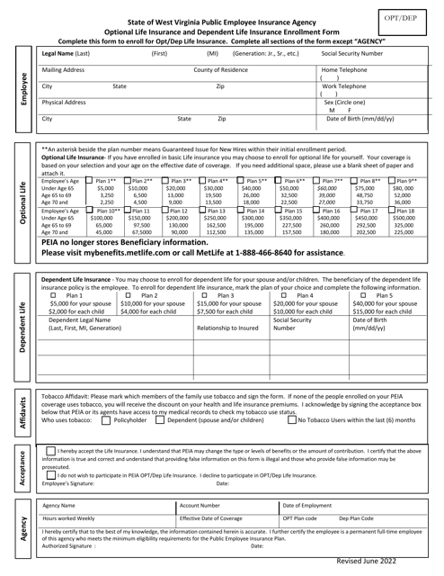Optional Life Insurance and Dependent Life Insurance Enrollment Form - West Virginia