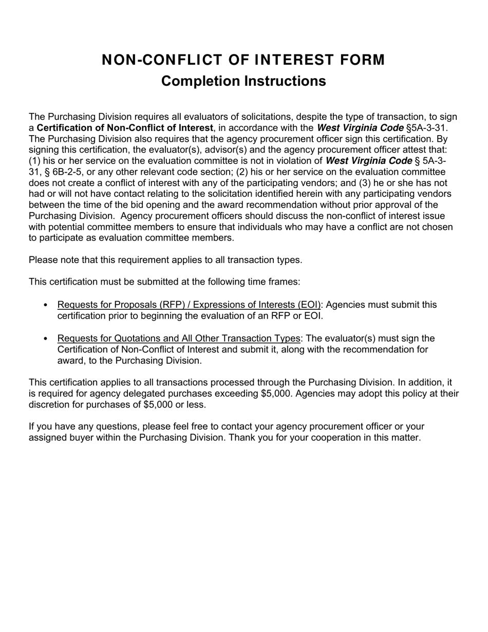 Certification of Non-conflict of Interest - West Virginia, Page 1