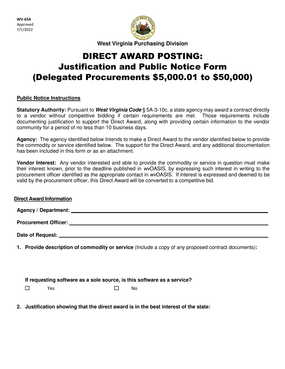 Form WV-65A Direct Award Posting: Justification and Public Notice Form (Delegated Procurements $5,000.01 to $50,000) - West Virginia, Page 1