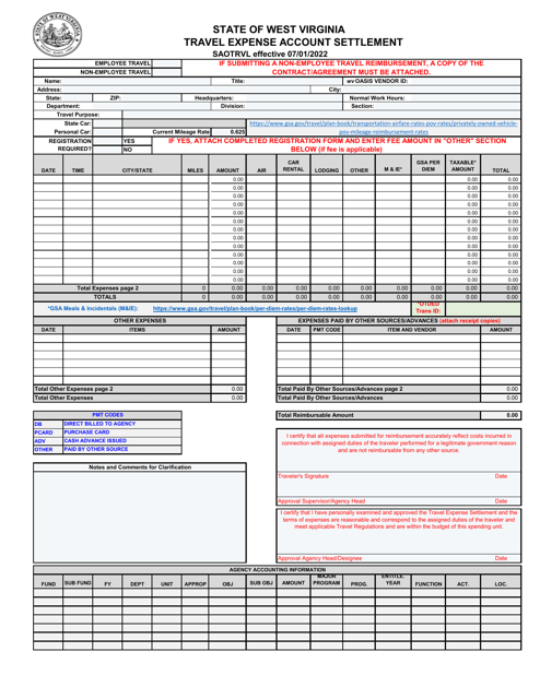 Travel Expense Account Settlement - West Virginia Download Pdf