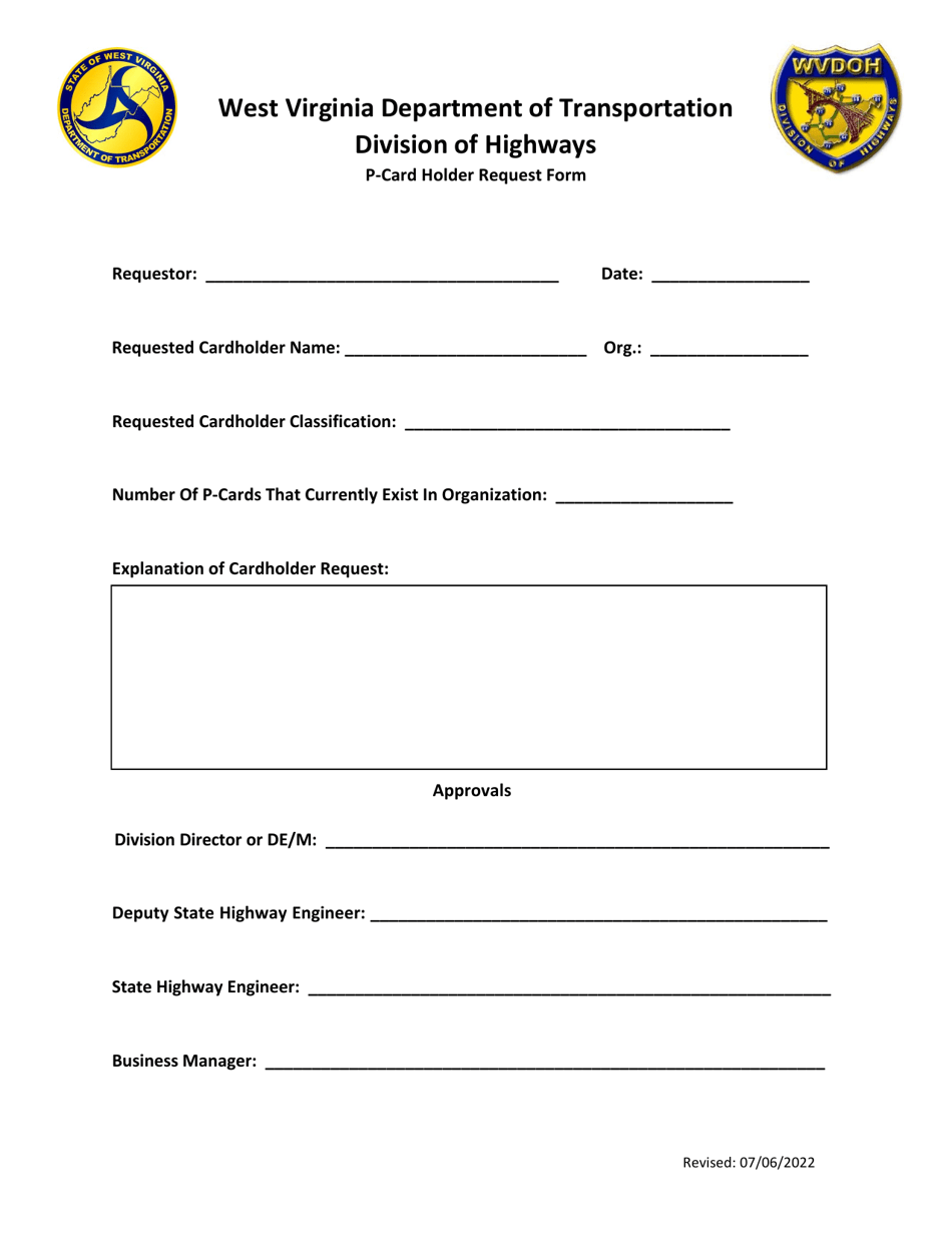 P-Card Holder Request Form - West Virginia, Page 1