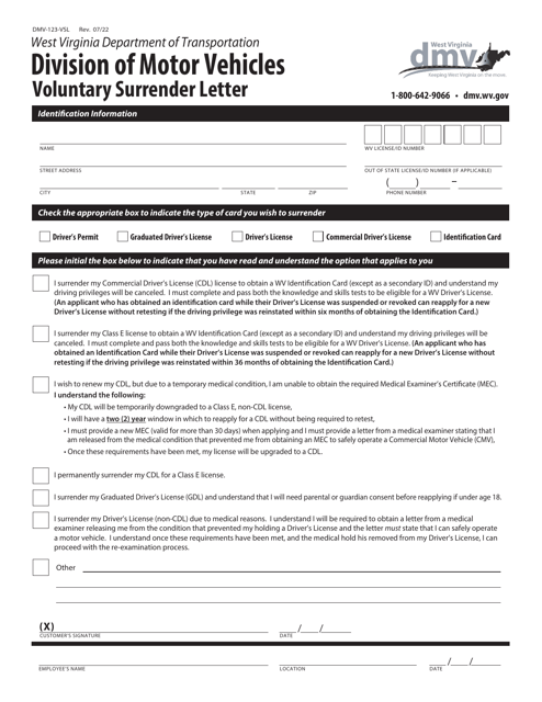 Form DMV-123-VSL  Printable Pdf