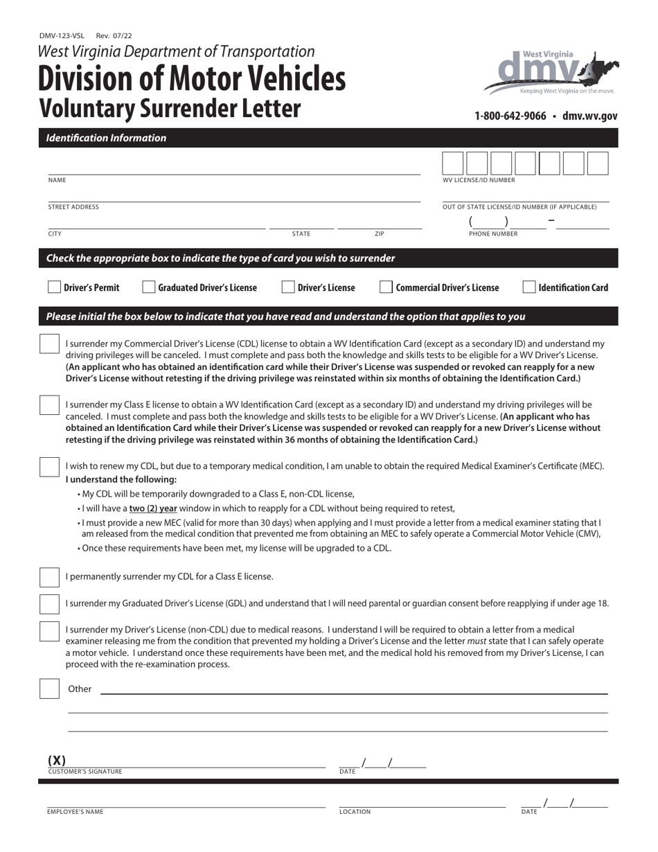 Form DMV-123-VSL Voluntary Surrender Letter - West Virginia, Page 1