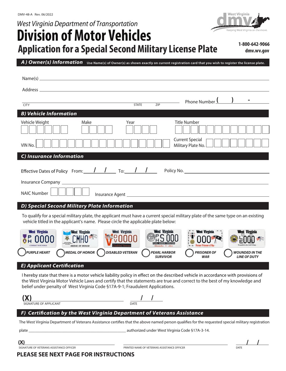 Form DMV-48-A Application for a Special Second Military License Plate - West Virginia, Page 1