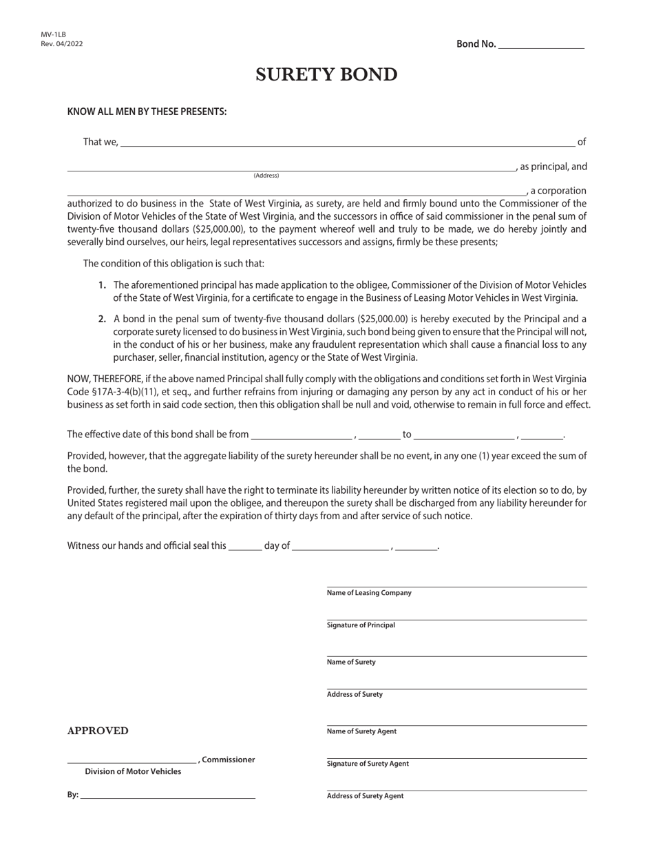 Form MV-1LB Surety Bond - West Virginia, Page 1
