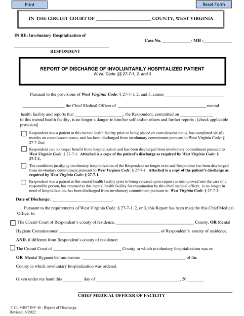 Form INV40 Report of Discharge of Involuntarily Hospitalized Patient - West Virginia