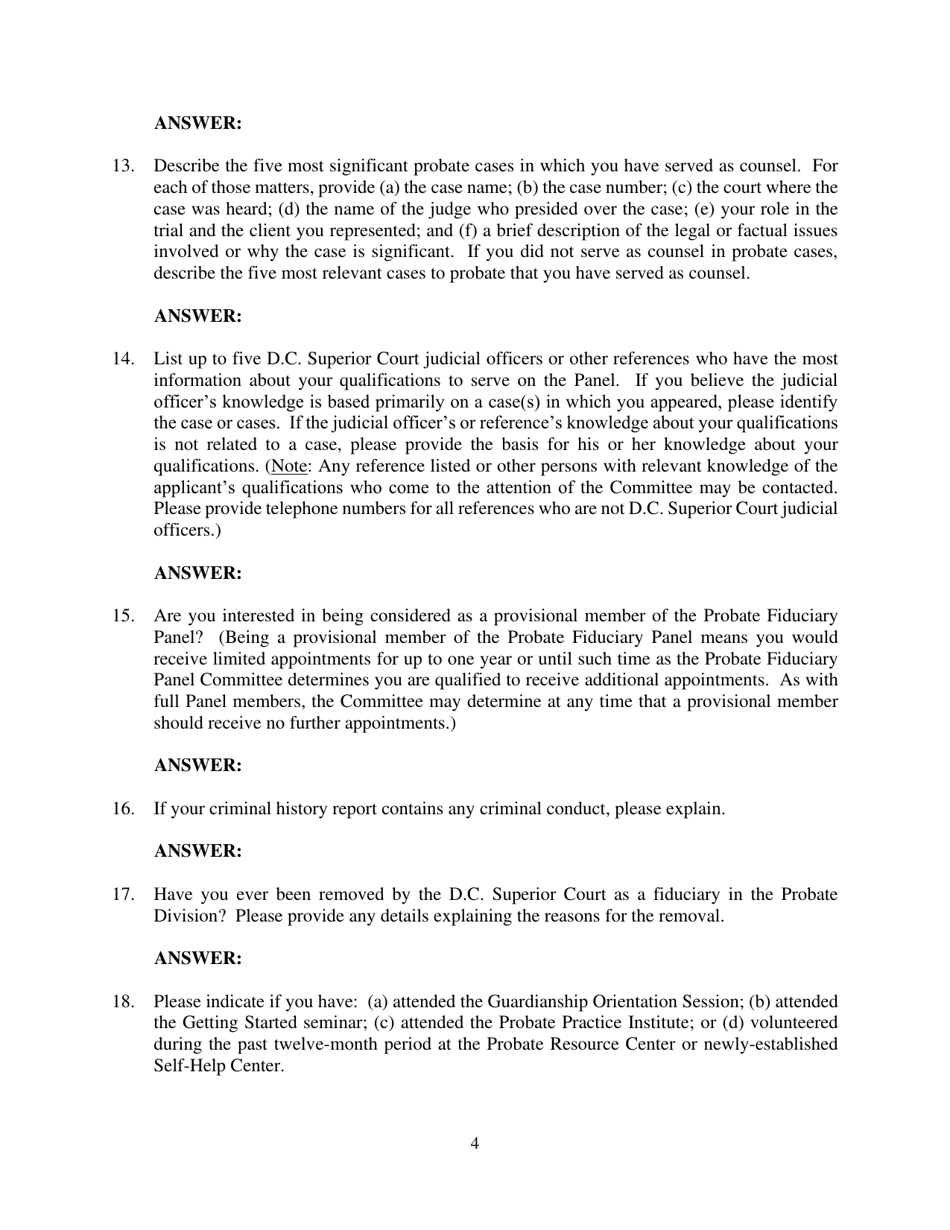 Probate Fiduciary Panel - Attorney Application - Washington, D.C., Page 4