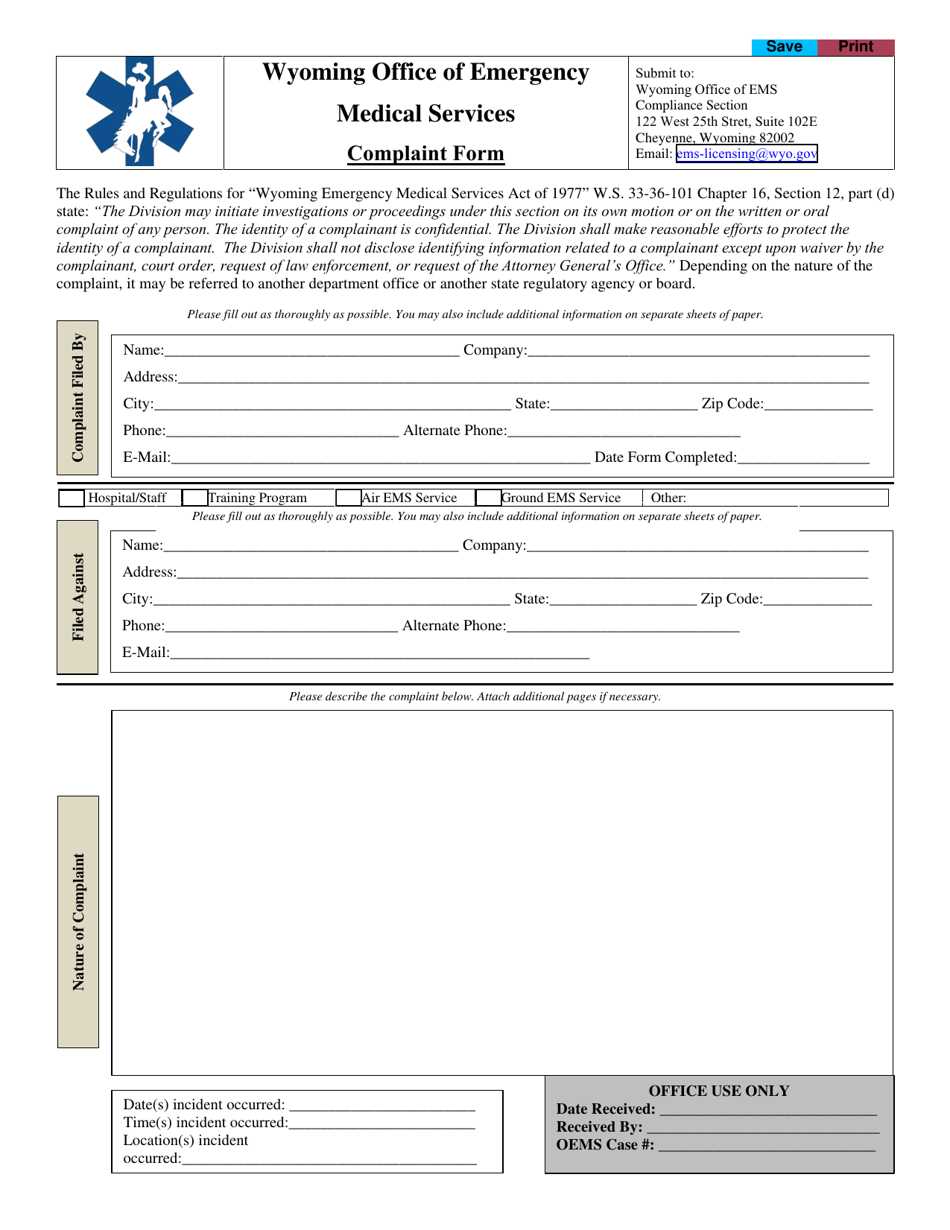Wyoming Office of Emergency Medical Services Complaint Form - Wyoming, Page 1