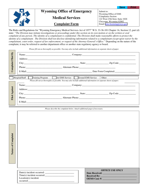 Wyoming Office of Emergency Medical Services Complaint Form - Wyoming Download Pdf