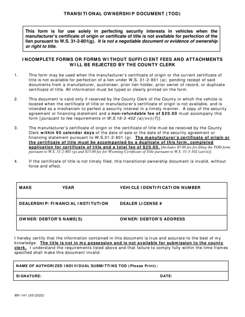 Form MV-141 Transitional Ownership Document (Tod) - Wyoming