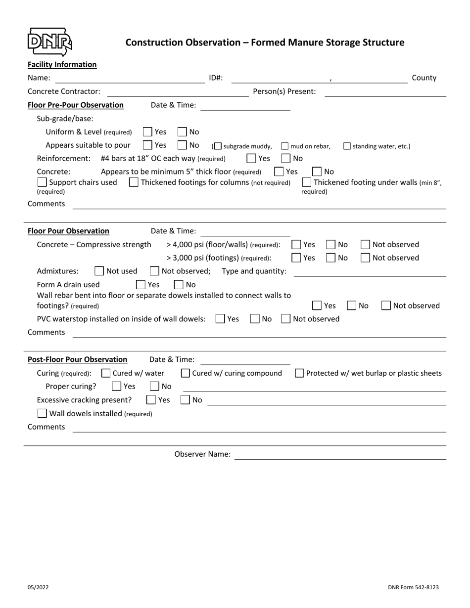 DNR Form 542-8123 Construction Observation - Formed Manure Storage Structure - Iowa, Page 1