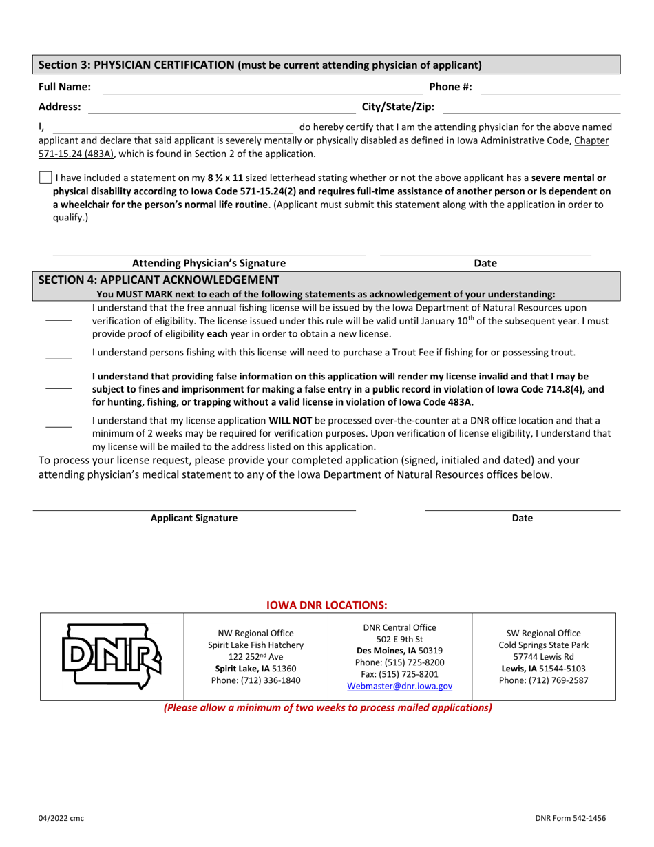 DNR Form 542-1456 Application for Free Annual Resident Disabled Fishing License - Iowa, Page 2