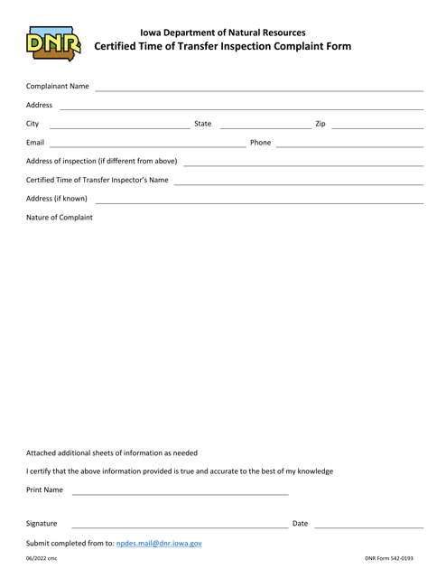 DNR Form 542-0193 Certified Time of Transfer Inspection Complaint Form - Iowa