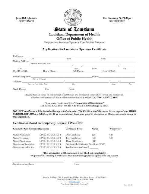 Application for Louisiana Operator Certificate - Louisiana