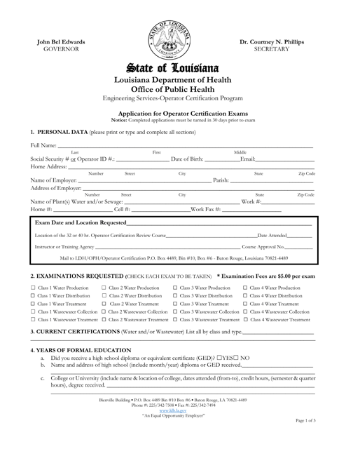 Application for Operator Certification Exams - Louisiana