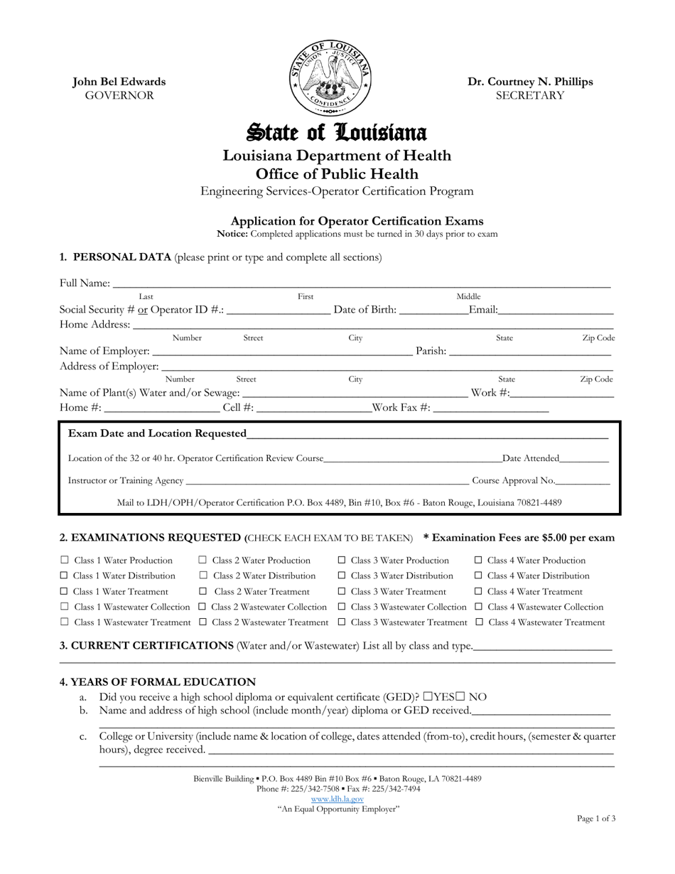 Application for Operator Certification Exams - Louisiana, Page 1