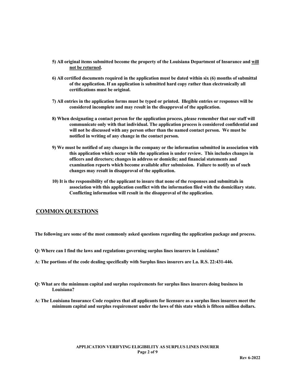 Louisiana Application Verifying Eligibility as Surplus Lines Insurer in ...