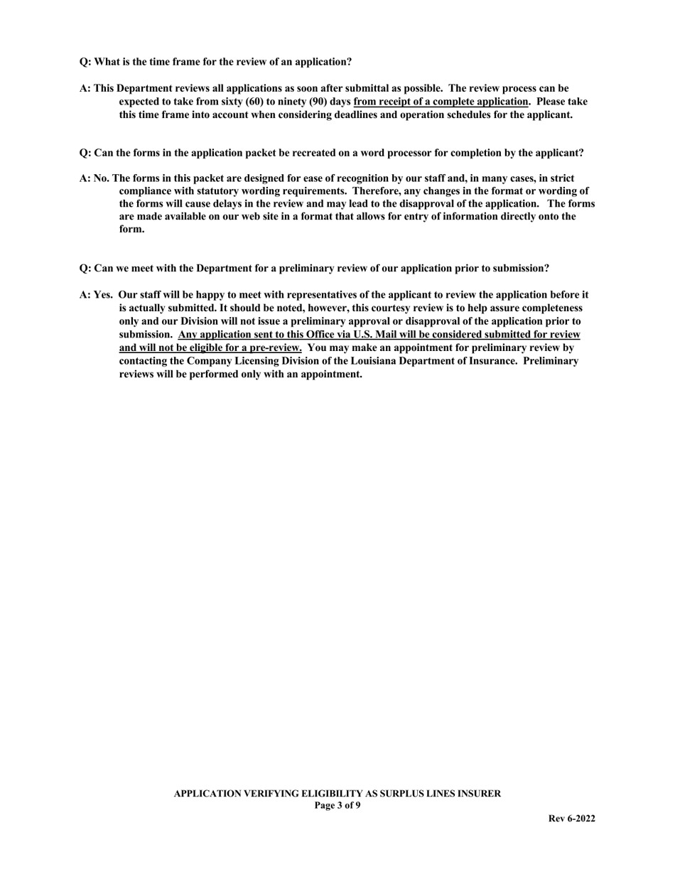Application Verifying Eligibility as Surplus Lines Insurer in the State of Louisiana - Louisiana, Page 3