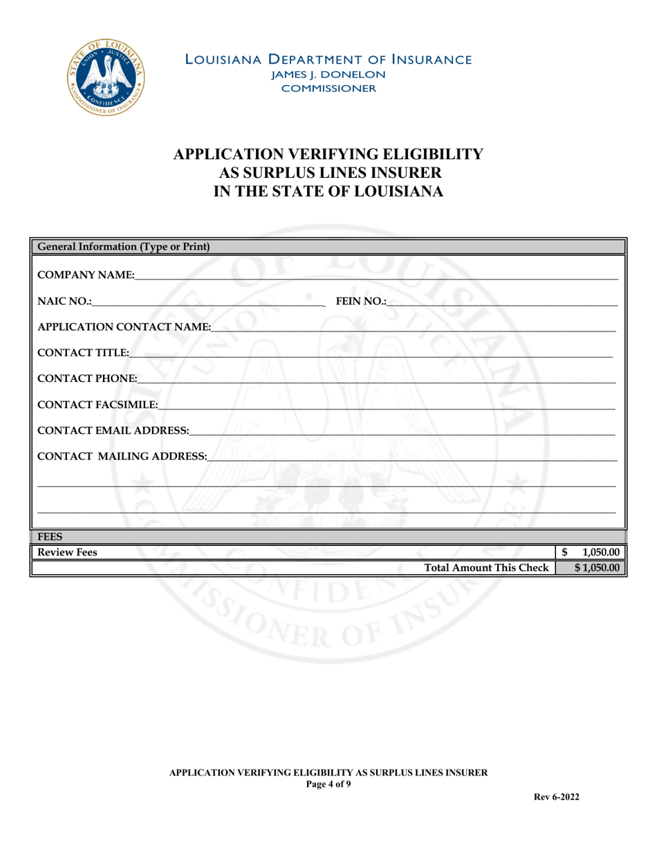Application Verifying Eligibility as Surplus Lines Insurer in the State of Louisiana - Louisiana, Page 4